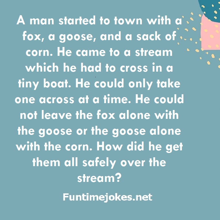 A man started to town with a fox, a goose, and a sack of corn. He came to a stream which he had to cross in a tiny boat. He could only take one across at a time. He could not leave the fox alone with the goose or the goose alone with the corn. How did he get them all safely over the stream?