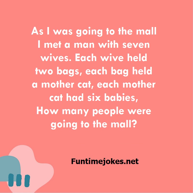 As I was going to the mall I met a man with seven wives. Each wive held two bags, each bag held a mother cat, each mother cat had six babies, How many people were going to the mall?