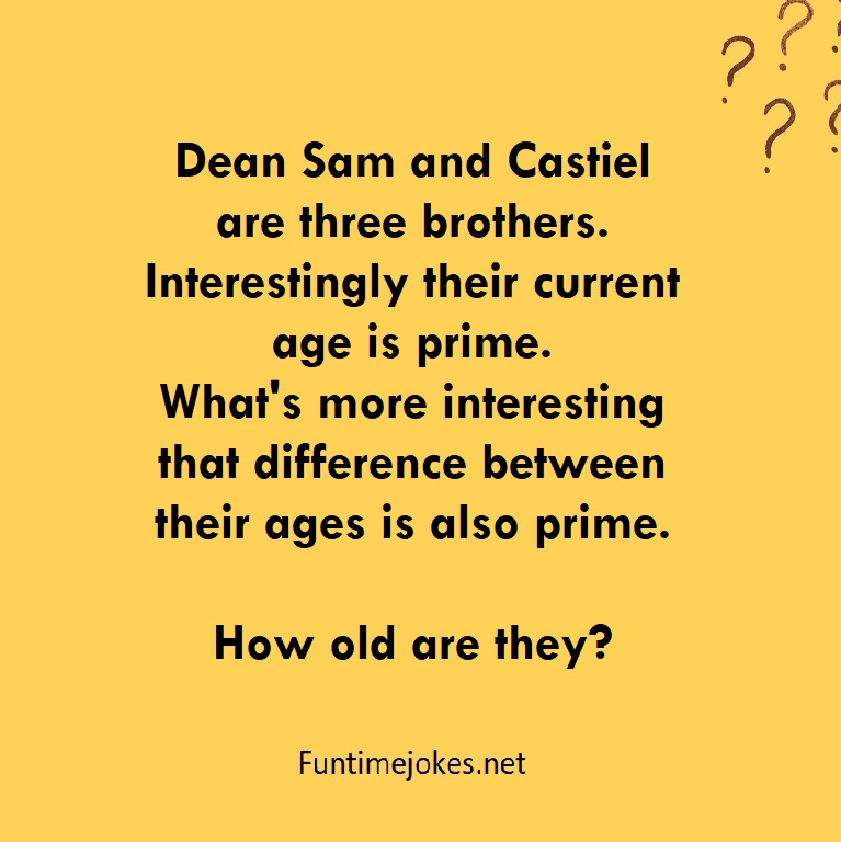 Dean Sam and Castiel are three brothers. Interestingly their current age is prime. What's more interesting that difference between their ages is also prime. How old are they?