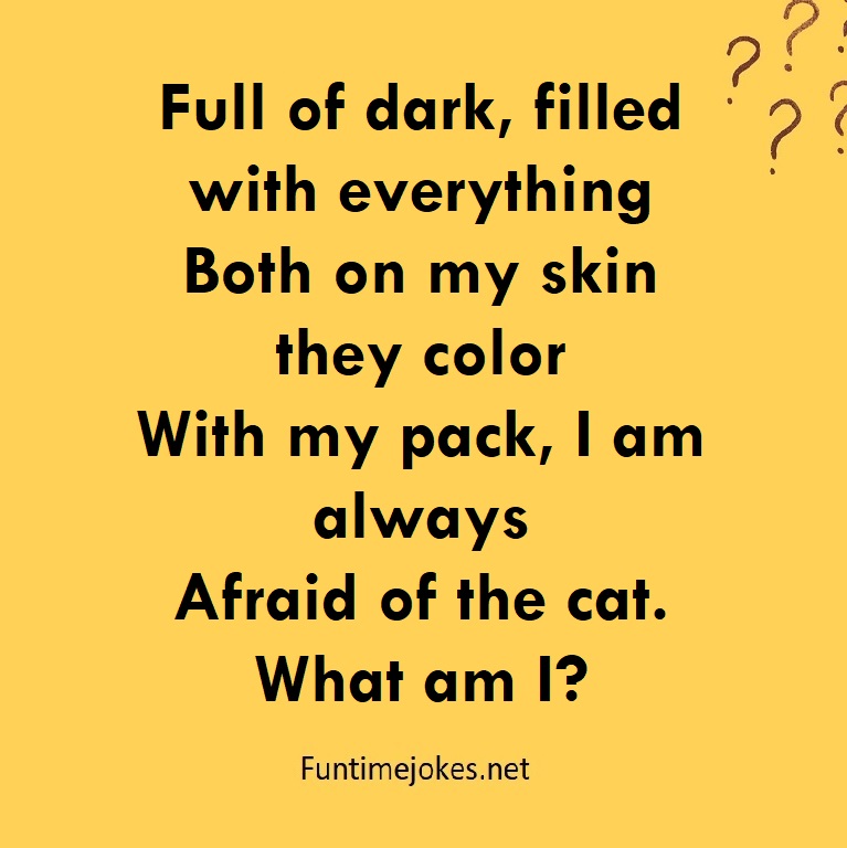 Full of dark, filled with everything Both on my skin they color With my pack, I am always Afraid of the cat. What am I?