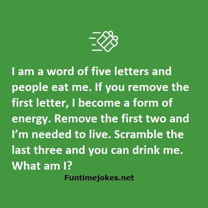 I am a word of five letters and people eat me. If you remove the first ...