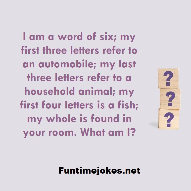 I am a word of six; my first three letters refer to an automobile; my last three letters refer to a household animal; my first four letters is a fish; my whole is found in your room. What am I?
