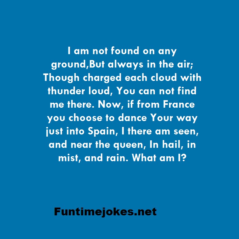 I am not found on any ground,But always in the air; Though charged each cloud with thunder loud, You can not find me there. Now, if from France you choose to dance Your way just into Spain, I there am seen, and near the queen, In hail, in mist, and rain. What am I?
