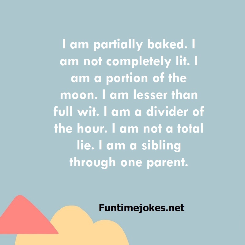 I am partially baked. I am not completely lit. I am a portion of the moon. I am lesser than full wit. I am a divider of the hour. I am not a total lie. I am a sibling through one parent.