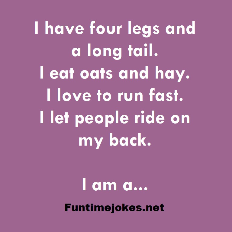 I have four legs and a long tail. I eat oats and hay. I love to run fast. I let people ride on my back. I am a...