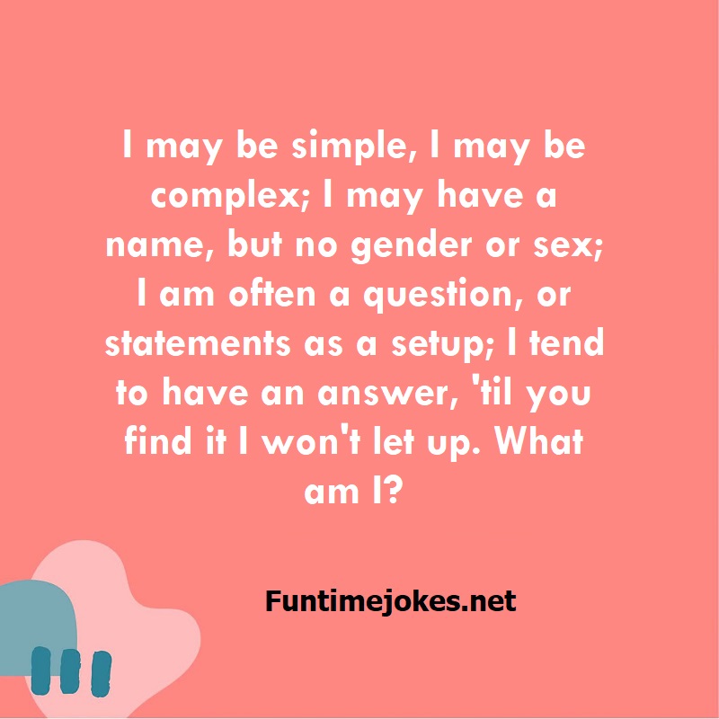 I may be simple, I may be complex; I may have a name, but no gender or sex; I am often a question, or statements as a setup; I tend to have an answer, 'til you find it I won't let up. What am I?