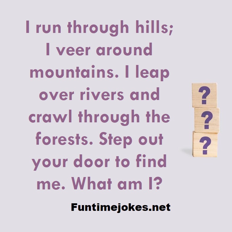 I run through hills; I veer around mountains. I leap over rivers and crawl through the forests. Step out your door to find me. What am I?