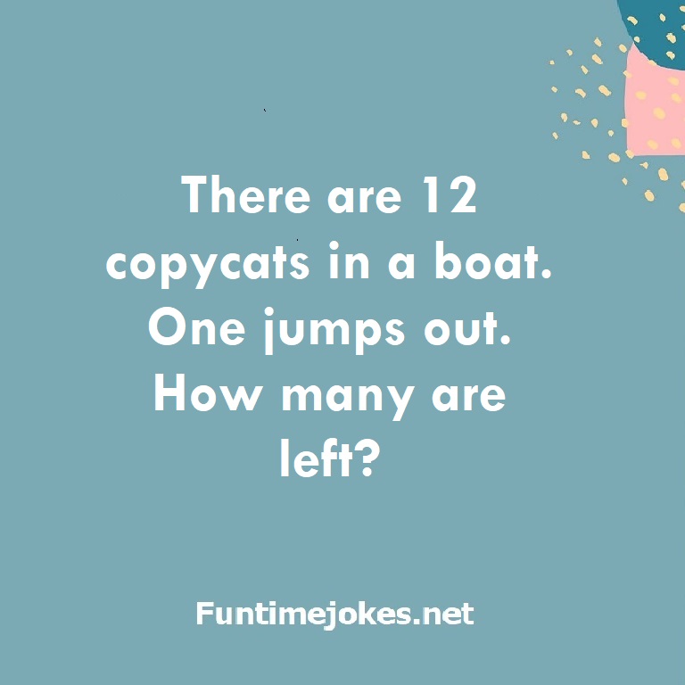There are 12 copycats in a boat. One jumps out. How many are left?
