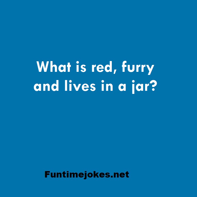 What is red, furry and lives in a jar?
