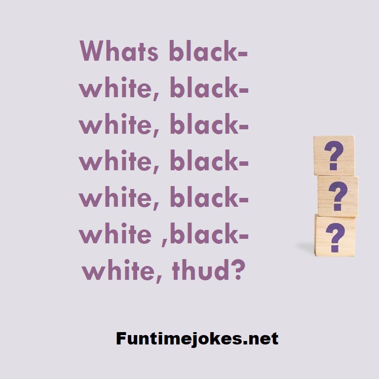 Whats black-white, black-white, black-white, black-white, black-white ,black-white, thud?