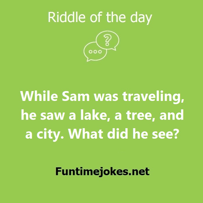 While Sam was traveling, he saw a lake, a tree, and a city. What did he see?